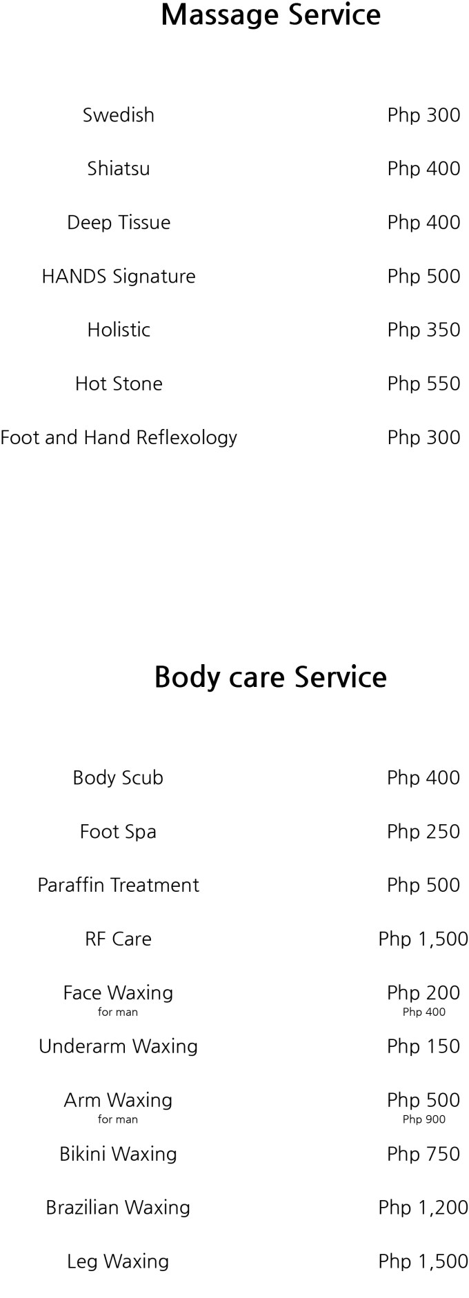 20171118 HANDS spa service list